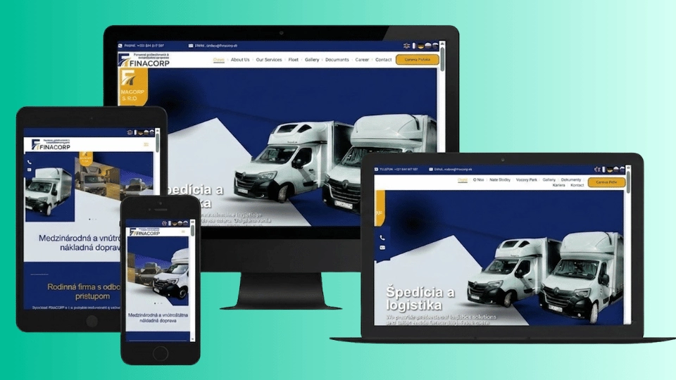 FINACORP.SK - Web pre dopravnú a logistickú firmu — 4 služby, licencie a cenová ponuka - Firemný web, Elementor PRO · 2025